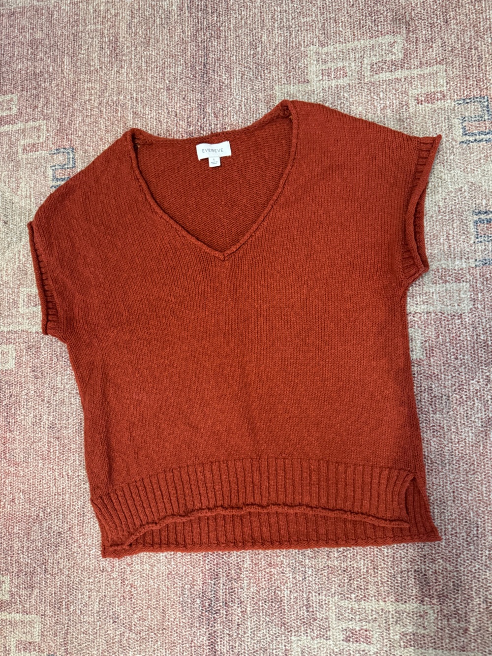 Evereve rust orange fall knit v neck short sleeve sweater top ribbed hem boxy sm
